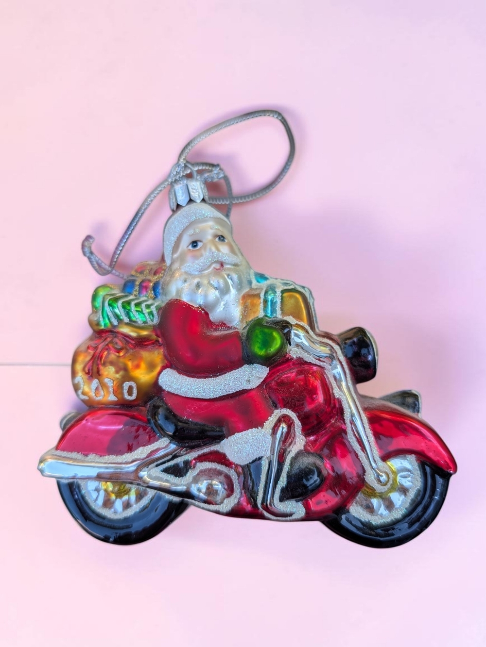 Vintage 2010 Glass Santa Motorcycle Christmas Ornament 4.25"